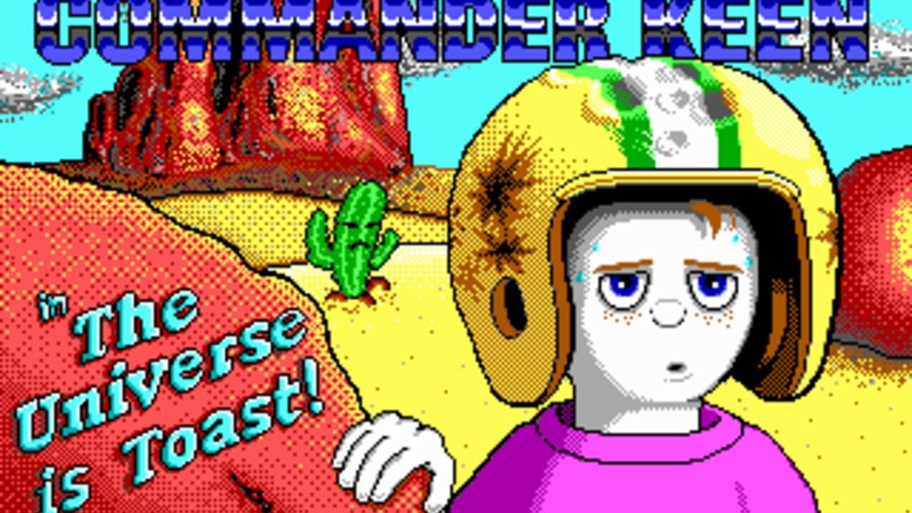 A character with brown hair wearing a purple shirt and yellow helmet with green and white stripes stands in a desert landscape. The character has blue eyes and white-gloved hands. Behind them is a tall red rock formation, sandy yellow terrain, and a green cactus. The cyan sky contains red spheres in the upper right corner. Blue pixelated text reading "in the Universe is Toast!" appears on the left side in a retro 8-bit style font. The image uses bright primary colors typical of early 1990s DOS platformer graphics.