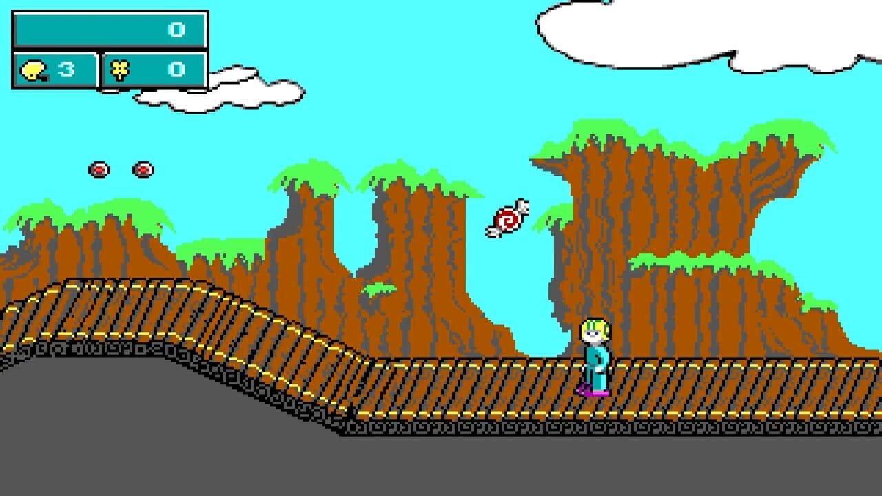 A side-scrolling platformer level features a blue-clad character standing on a wooden platform in the lower-right, facing large brown rock formations with green foliage tops against a cyan sky. The HUD panel at top-left displays a character icon with the number 3, a star icon, and a score of 0. Two small red circular enemies float in the upper-left area, while a red flying enemy hovers mid-screen. White clouds and gray stone blocks form the level's base foundation, rendered in low-resolution 8-bit pixel art.