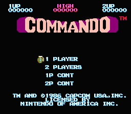 The Commando title screen features the game's name in large magenta capital letters at the top center, set against a black background. Below the title are four menu options in white text: "1 PLAYER," "2 PLAYERS," "1P CONT," and "2P CONT." The score display shows "10 000000" on the left, "HIGH 000000" in the center, and "2ND 000000" on the right. At the bottom, copyright information reads "TM AND © 1985 CAPCOM USA, INC." and "NINTENDO OF AMERICA INC." in white pixelated text. The overall design uses a simple color scheme of black, white, and magenta on a solid dark background.