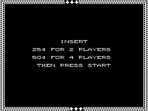 A black screen displays white pixelated text centered on the display. The word 'INSERT' appears at the top, followed by three lines of instruction text: '25¢ FOR 2 PLAYERS', '50¢ FOR 4 PLAYERS', and 'THEN PRESS START'. The text uses a simple bitmap font typical of 1970s arcade games. A decorative dotted border frames the entire screen's perimeter.