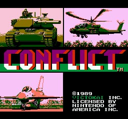 A pink sky background with a green military tank on the left and a green helicopter on the right, both rendered in low-resolution sprites. The large magenta title text "CONFLICT" spans the bottom center in a blocky font. Below the title are game credits stating "© 1989 LICENSED BY ULTRA, GAMEWARE" and "VIC TOKAI". A small scene with a soldier and fortification appears in the lower left corner against a tan backdrop.