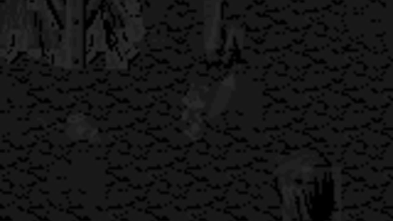 A dark, heavily pixelated Game Boy screenshot shows a forest or wooded environment with low contrast. Silhouetted tree trunks and foliage dominate the scene in shades of black and dark gray against a slightly lighter background. The pixelation is dense, making fine details difficult to discern. A small sprite figure is visible on the right side of the screen. The overall image quality is very dark and difficult to read clearly.