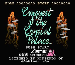 The title screen displays "Conquest of the Crystal Palace" in cyan cursive script centered on a black background. Two mirrored orange-robed wizard sprites flank the title on left and right sides. At the top, a white pixel-font score display reads "HIGH 00050000 SCORE 00000000". Below the title appears "PUSH START" in cyan text. The bottom of the screen shows copyright information reading "©1990 QUEST" with a pink developer logo, followed by "LICENSED BY NINTENDO OF AMERICA" in white text. The overall visual style is consistent with early NES 8-bit graphics with limited color palette.