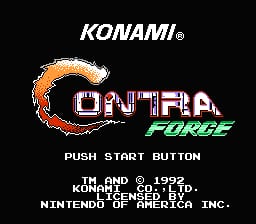 The Contra Force title screen displays the Konami logo at the top in white italic text, followed by the game's title in a stylized red and green gradient font with an orange swoosh arc above it. Below the title, white text reads 'PUSH START BUTTON'. At the bottom, copyright and licensing information appears in small white text: '(C) 1992 KONAMI & NINTENDO OF AMERICA INC.' against a solid black background. The overall design uses a limited 8-bit color palette typical of NES graphics.