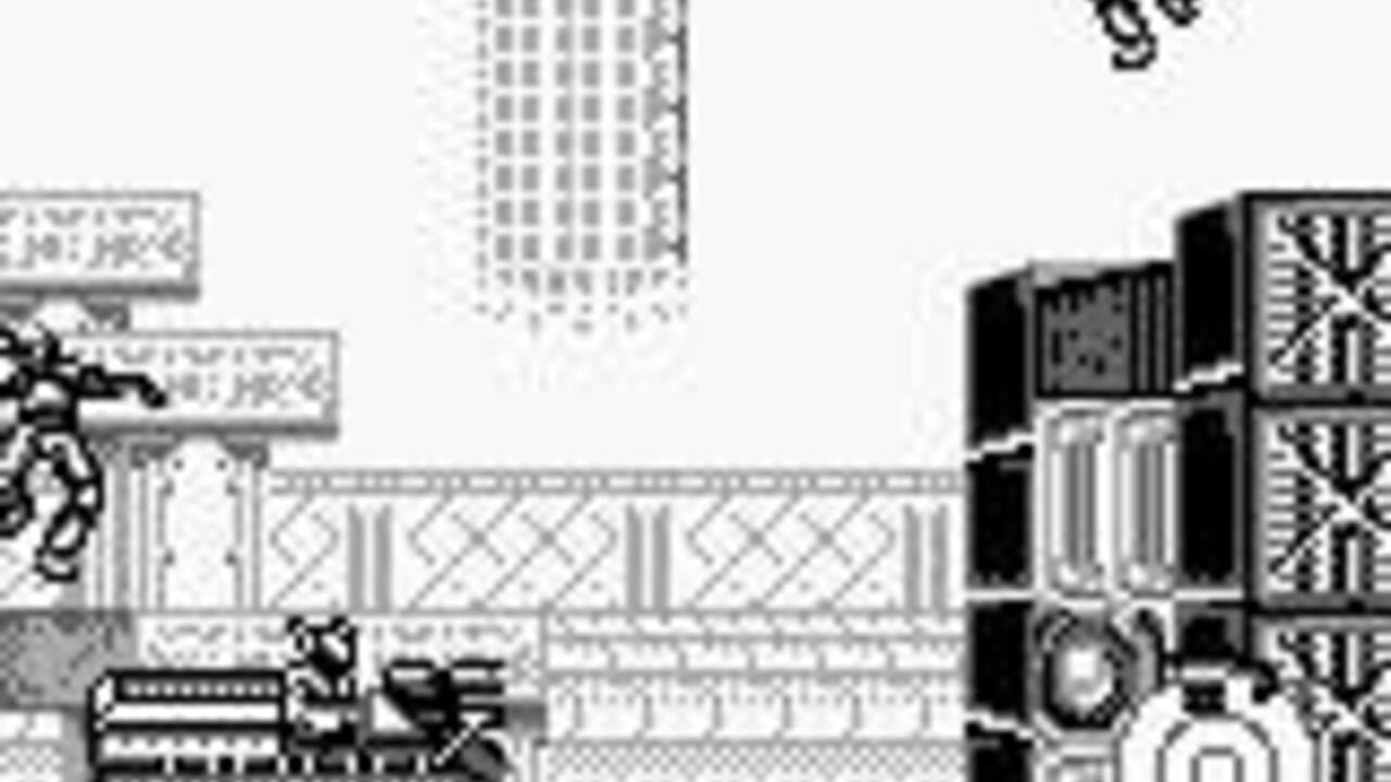 A black-and-white Game Boy screenshot shows a soldier character standing on a horizontal platform with diagonal crosshatch patterns. To the left, two menu boxes with Japanese text float above the character. The right side displays three tall black structures with white vertical and crosshatch details. A tall dotted building outline is visible in the upper center background. The bottom-left corner shows partial sprite graphics and interface elements. The scene uses high contrast monochrome pixel art typical of Game Boy hardware limitations.