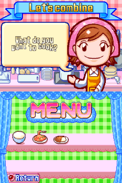 A cooking game interface displays a female character in a pink chef's hat and yellow apron standing behind a kitchen counter in the top half. A blue banner reading 'Let's combine' spans the top, with a speech bubble asking 'What do you want to cook?' Below, a green gingham-patterned menu screen shows three food items as pixelated sprites: a bowl, a cooked chicken leg, and a plate of food. A 'MENU' label in pink bubble letters sits above the food options, with blue curtain graphics framing the sides and a 'Return' button visible at the bottom left.