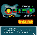 A gameplay screen displays two player controllers at the top labeled "STRING: B1" and "STRING: A" with colored indicator lights. The word "ONLINE" appears in large orange pixelated text in the center. Below, cyan-colored text on a black background reads "CHIFFON CLEAR X. If the Symbos is new..." indicating an in-game message or dialogue. The overall visual style uses low-resolution pixel graphics typical of NGPC hardware.