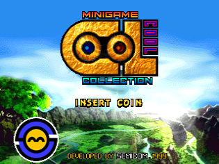 The title screen displays a large golden owl logo with circular eyes in the center, flanked by colorful bars in red and blue. Below reads "MINIGAME COLLECTION" in white text. The background shows a bright daytime landscape with green hills, mountains, and sky with clouds. At the bottom, "INSERT COIN" appears in yellow text, and a blue circular coin icon sits in the lower left. Developer credit "DEVELOPED BY SEMICOM" is shown at the bottom right. The overall art style uses bright, bold colors typical of late-1990s arcade graphics.