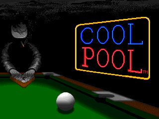 A pool table with a green felt surface occupies the center, displaying a white cue ball in the foreground. A neon-style sign reading "COOL POOL" in blue and red lettering is positioned on the right side against a black background. On the left, a pixelated anthropomorphic character with fur holds a pool cue, standing beside the table. The overall scene uses a dark background with low-resolution 3D graphics typical of early 1990s arcade aesthetics.