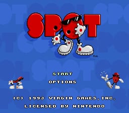 The title screen displays the red "SPOT" logo prominently at center, featuring a cartoon dalmatian character with a white body and red spots. Below the logo are two menu options: "START" on the left and "OPTIONS" on the right, each accompanied by small sprite illustrations of the character. The background is solid blue, and copyright text reading "(C) 1993 VIRGIN GAMES, INC." and "LICENSED BY SEGA SYSTEMS" appears at the bottom in white text. The overall aesthetic uses bright, pixelated 16-bit sprite graphics typical of early 1990s console games.