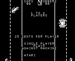 A black screen displays white pixelated text reading "COPS'N ROBBERS" at the top center, with a small white pixel-art cop car in the upper left corner and a white robber figure in the upper right corner. Below the title, text states "25 CENTS PER PLAYER," "SINGLE PLAYER MODE," and "PUSH START BUTTON." The "ATARI" logo appears in white text at the bottom left. Vertical dashed lines form a border on both edges of the screen.