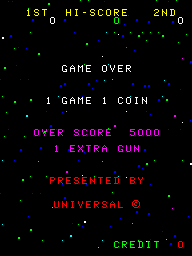 A black arcade title screen displays text elements in green, magenta, and cyan colors arranged vertically. At the top, "1ST. HI-SCORE" and "2ND." appear in green. The center shows "GAME OVER" in white, followed by "1 GAME 1 COIN" in green. Below that, magenta text reads "OVER SCORE 5000" and "1 EXTRA GUN". Red text states "PRESENTED BY" with "UNIVERSAL ©" below it. At the bottom, green text shows "CREDIT 0". Small colored dots scattered across the black background suggest a starfield effect typical of early arcade games.