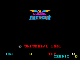 The title screen displays the Cosmic Avenger logo at the top center in red and yellow lettering with a winged emblem above it. Below sits black space with cyan and red text reading "© UNIVERSAL 1981", "1ST" on the left, "0" in the center, "TOP" and "CREDIT" aligned right, with "0" displayed in cyan at the far right. The entire screen uses a black background with limited color palette typical of early 1980s arcade graphics.