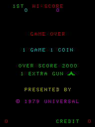 A black arcade title screen displays green and red text in a monospaced font. At the top, a score readout shows "1ST 0 HI-SCORE 0" in green. The center displays "GAME OVER" in red, followed by "! GAME 1 COIN" and "OVER-SCORE 2000" in green, with "! EXTRA GUN" in yellow below. The bottom section shows "PRESENTED BY" in yellow text, followed by "© 1979 UNIVERSAL" in magenta. Corner credits read "0" in green on the left and "CREDIT 0" in green on the right. The entire screen uses a vector-style pixelated typeface typical of early 1979 arcade displays.