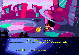 A colorful alien cityscape with neon pink and purple geometric architecture fills the background, featuring tall buildings and curved structures. In the foreground, a small yellow character with a round head stands in the center-right area of a platform-style environment. Yellow dialogue text appears at the bottom of the screen reading "Old Toon Town" and "Resource Shards Carte donne util" along with "COSTIS RENAISSANCE." The visual style uses bright magenta, cyan, and purple colors typical of early 1990s Mega Drive graphics, with pixelated sprites against layered backgrounds suggesting a sci-fi themed platformer level.