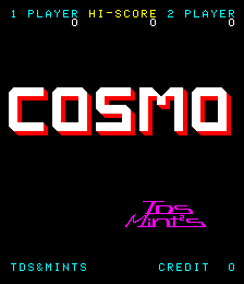 The title screen displays 'COSMO' in large white and red pixelated letters centered on a black background. At the top, a two-player score display shows 'PLAYER HI-SCORE 2 PLAYER' with a score of 0. Below the title, magenta text reads 'TO5 MATES'. At the bottom, cyan text labels show 'TO5SHINTS' on the left and 'CREDIT 0' on the right. The overall composition uses a simple arcade aesthetic with bright neon-colored text on a dark field.