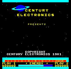 The Cosmos arcade title screen displays a cyan spaceship logo at the top with yellow "CENTURY ELECTRONICS PRESENTS" text centered below on a black starfield background. At the bottom, a colorful status bar in cyan, magenta, and yellow shows "COPYRIGHT CENTURY ELECTRONICS 1981" in white text, with "ENERGY" label and two score displays reading "000000" on either side against a segmented colored grid pattern.