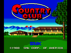 The title screen features a large red oval logo reading "COUNTRY CLUB" at the top center against a bright blue sky. Below it stretches a landscape with a green fairway, a tall tree on the right side, sand bunkers, and a tan-colored clubhouse building in the middle distance. Mountains appear faint in the background. The SNK copyright text is positioned at the bottom in blue letters, with a 1988 copyright notice and "SHK CORP. OF AMERICA" attribution in white text.