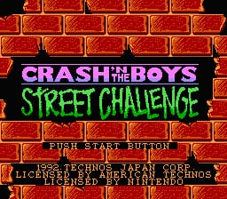 A title screen displays 'CRASH 'N' THE BOYS' in purple capital letters above 'STREET CHALLENGE' in green text, both centered against a red brick wall background. Below the title, a row of small pixelated character sprites appears left to right. At the bottom, game credits list developer and publisher information in white text on a black bar. The overall palette uses reds, purples, greens, and blacks typical of NES-era graphics.