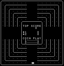A black screen displays concentric white rectangular frames forming a maze-like border pattern. In the center, text reads "TOP SCORE" with "#1" and "0" displayed below, followed by "COIN PLAY" text. The layout is symmetrical and minimalist, characteristic of early arcade title screens, rendered in white vector-style lines against the black background.