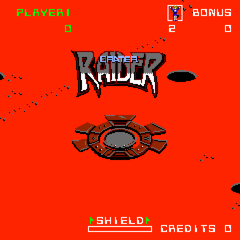The title screen displays the "Crater Raider" logo in gray text with blue outline in the center of a bright red background. Below it sits a brown robotic spacecraft or mining vehicle with a rounded hull and protruding solar panels or antennae. Black pixel debris floats scattered across the upper and lower portions of the screen. The top-left shows "PLAYER 1" in green text, while the top-right displays a small ship icon, "BONUS 2", and "0". The bottom displays "SHIELD" in red-outlined text, followed by "CREDITS 0" in white text on the right.