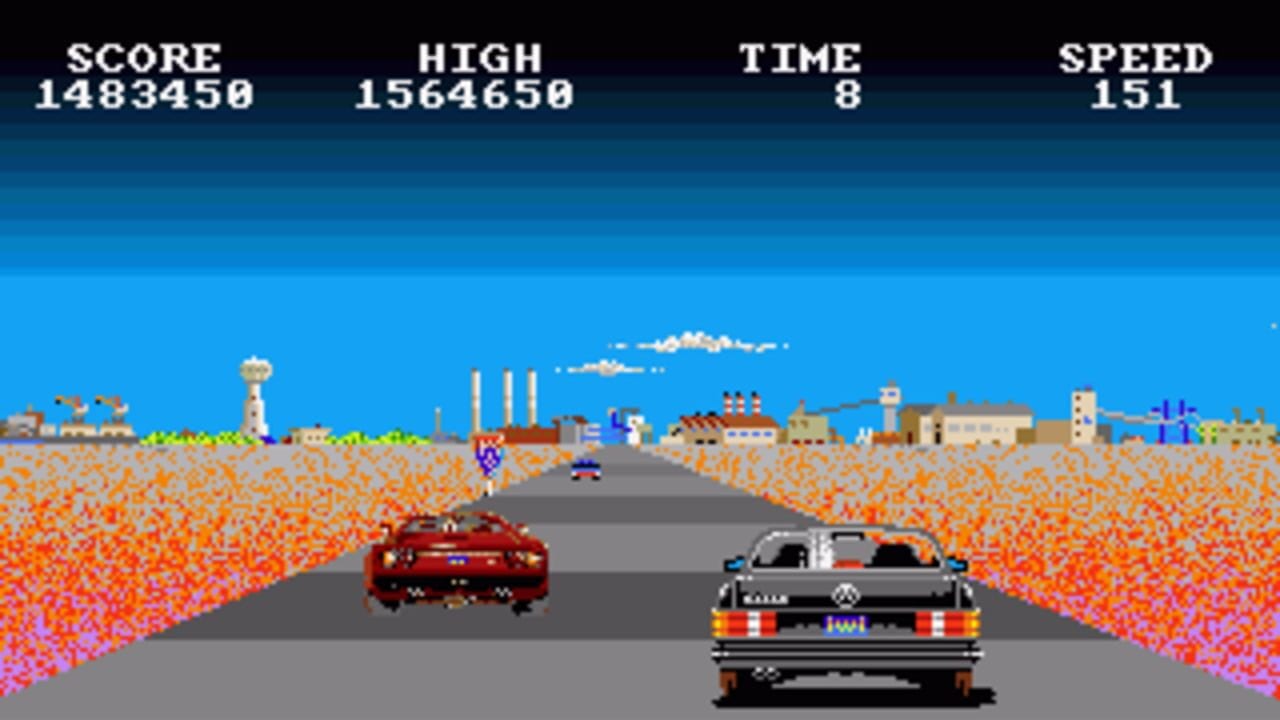 A top-down racing view shows two pixelated cars on a gray asphalt road: a red vehicle in the center-left and a black Volkswagen with racing stripes in the foreground. The landscape features orange and pink sandy terrain flanking both sides, with a stylized city skyline featuring industrial chimneys, buildings, and a white lighthouse along the horizon. A blue cloud floats in the sky. The UI displays Score 1483450, High Score 1564650, Time 8, and Speed 151 across the top in white text against a dark blue bar.