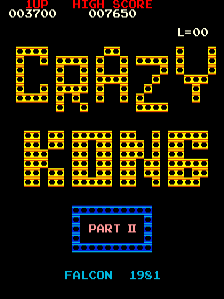 The title screen displays large yellow pixelated block letters spelling "CRAZY KONG" in the center against a black background. Above the title, a score display shows "003700" on the left and "007650" on the right, with "L=00" in the upper right corner. Below the main title text, a blue rectangular box contains white text reading "PART II". At the bottom of the screen, white text credits read "FALCON 1981". All graphics use a simple arcade-style pixel aesthetic with limited color palette of yellow, blue, and white on black.
