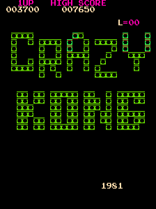 The title screen displays green pixelated block letters spelling out the game title across the center in two stacked rows. A score counter showing 003700 appears in the upper left, with HIGH SCORE 007650 and L=00 indicators in the upper right. The background is solid black, and the year 1981 is centered at the bottom of the screen in white text. All graphics use a monochrome green-on-black arcade aesthetic typical of early 1980s arcade cabinets.