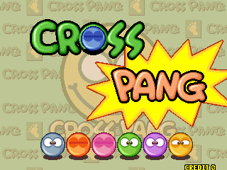 The title screen displays "CROSS" in green letters with a blue sphere embedded in the O, positioned above a yellow starburst shape containing "PANG" in red text. Below the title text, six colored spheres are arranged horizontally in a single row: white, orange, pink, green, purple, and yellow. The background features a tan repeating pattern with "Cross Pang" text watermark. A beige/brown circular shape is visible behind the title elements.