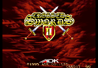 The title screen displays 'CROSSED SWORDS' in ornate gold lettering centered against a turbulent red cloud background. Below the title sits a shield emblem with a cross design, flanked by two crossed swords. At the bottom of the screen, copyright text reads '©1995 ADK' with 'LTD.' and 'CREDIT 60' visible. The overall color scheme emphasizes deep reds and oranges with yellow highlights on the text elements.