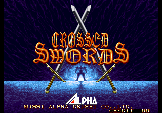 The title screen displays 'CROSSED SWORDS' in large orange text with two crossed swords forming an X above it. A silhouetted figure stands centrally below the swords against a bright blue horizontal band, positioned on a dark background with radiating lines. The copyright text '©1991 ALPHA DENSHI CO., LTD.' and 'GO' appear at the bottom of the screen in smaller white text. The visual style features 8-bit sprite graphics with a dark blue and orange color palette typical of early 1990s arcade aesthetics.