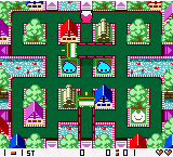 A maze-based puzzle layout fills the screen with a grid of interconnected rooms separated by walls and passages. Colorful sprite characters, including a player avatar and multiple enemies, are scattered across different rooms in shades of blue, red, and green. The top displays a score panel with numerical values and a level indicator. A bright green border frames the playing field, and the overall color palette uses high-contrast primary colors typical of Game Boy Color graphics with distinct pixelated sprites at medium resolution.