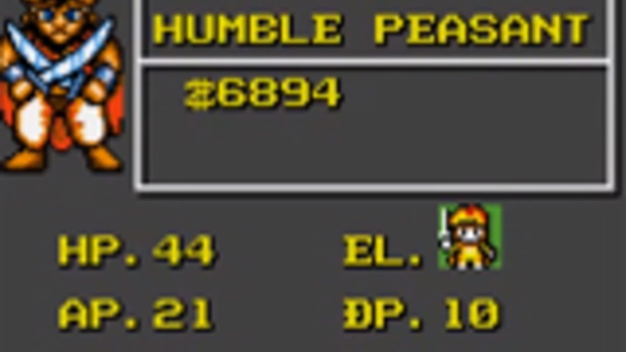 A character status screen displays Humble Peasant, an enemy with ID 26894, shown as a brown pixelated sprite wielding blue swords on the left. Yellow text lists combat stats: HP 44, AP 21, EL 3 (with a small character portrait icon), and DP 10. The interface uses a dark gray background with yellow text and white borders framing the enemy information panel.
