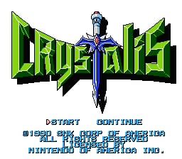 The Crystalis title screen displays the game logo in large green pixelated letters with a 3D isometric effect at the center-top. A blue armored warrior figure wielding a sword stands centrally below the logo. Text menus appear below the character, showing "START GAME" and "CONTINUE" options along with copyright information for SNK and a 1990 release date. The background is black with a green geometric border frame.