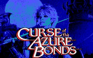 The title screen displays "Curse of the Azure Bonds" in large golden lettering with a red outline, centered on the screen. Behind the text, a blue-tinted fantasy character portrait shows a person with curly hair and armor, rendered in low-resolution pixel art typical of DOS-era games. The background features a dark blue gradient with pixelated medieval castle elements visible in silhouette on the right side. The overall color palette consists of blues, golds, and blacks, creating a fantasy adventure aesthetic.