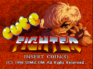 The title screen displays a large brown bear character in the upper right, wearing a light-colored outfit. To the left are four yellow spherical characters in a row. The word "FIGHTER" appears prominently in blue metallic lettering below the bear, with "CUTE" visible above it in smaller text. White text at the bottom reads "INSERT COIN(S)" and "(C) 1998 SEMICOM All Right Reserved". The background is a solid reddish-orange color with a subtle textured pattern.