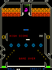 The title screen displays a black background with two rows of orange enemies at the top corners. A pink character sprite occupies the center-upper area. Red text reading "HIGH SCORE" and "GAME OVER" appears in the middle-lower portion, with five blue enemy sprites arranged in a horizontal line below. A blue rectangular object floats above the enemies. Score indicators showing "1UP", "00", "2UP", and "00" are positioned at the top in yellow text. Green geometric designs frame the left and right edges, and a blue bar with "CREDIT 0" text appears at the bottom.