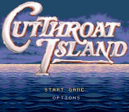 The title screen displays the Cutthroat Island logo in large stylized silver lettering centered on the screen, positioned above an ocean background rendered in dark blue hues with visible wave details. Below the logo sits a dark blue-gray water surface with lighter blue highlights suggesting depth and movement. At the bottom of the screen, two menu options appear in plain white text: START GAME and OPTIONS. The overall color palette consists primarily of blues and silvers against a darker background, typical of Sega Genesis-era graphics.