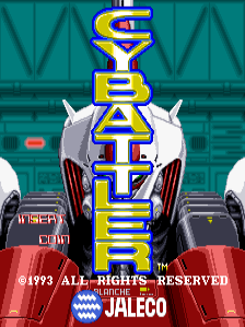 The title screen displays a tall vertical logo reading 'CYBATTLER' in bold yellow and blue block letters centered against a teal grid-patterned background. Below the logo sits a red and white robotic mecha with silver accents and angular design. Text reading 'JALECO' appears at the bottom right, with '© 1993 ALL RIGHTS RESERVED' and the Jaleco trademark mark displayed below. The arcade cabinet's bezel frame is visible at the image edges, with red buttons marked on the left side.