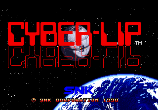 The title screen displays "CYBER-LIP" in large red pixelated letters at the top, with a smaller subtitle reading "CYBER-LIP" beneath it in outlined text. Below the title, a blue and white globe with cloud formations is visible against a starfield background. At the bottom left corner, white text reads "SNK CORPORATION 1990," identifying the developer and year. The overall aesthetic uses bright red lettering, black background, and a color palette typical of early 1990s arcade hardware.