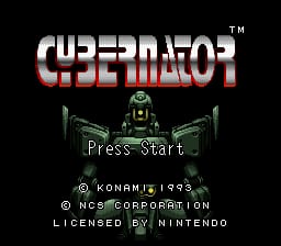The Cybernator title screen displays the game's logo in large metallic red letters at the top center, with a pixelated green mecha suit positioned below it in a wide stance. The phrase "Press Start" appears in white text in the center of the screen. Copyright information for Konami (1993), Masaya Games, and Nintendo licensing appears in small white text at the bottom. The background is black, creating high contrast with the sprite graphics.