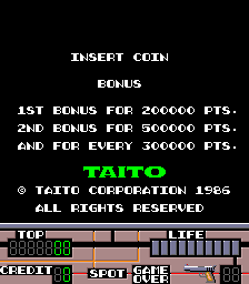 The title screen displays white pixelated text at the top listing coin insert instructions and bonus point tiers for 200,000, 500,000, and 500,000 points. The word "TAITO" appears in large green letters in the center, with copyright text below reading "© TAITO CORPORATION 1985" and "ALL RIGHTS RESERVED." A horizontal bar graph interface spans the bottom half, showing "TOP SCORE," "LIFE," and "1 PLAYER START" indicators with numerical displays in a dark gray UI typical of mid-1980s arcade aesthetics.