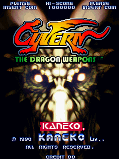 The title screen displays 'Cyvern' in large red and yellow arcade lettering at the top, with 'The Dragon Weapons' subtitle below in white text. A menacing creature face with glowing white eyes and mouth dominates the center of the screen, rendered in dark browns and tans against a black background. The Kaneko developer logo and copyright information appear at the bottom in white text. Game credits including 'Hi-Score' and 'Please Insert Coin' messages are visible at the top of the screen, with 'Credit 09' shown in the lower left corner. The overall aesthetic is characteristic of 1998 arcade sprite-based graphics.