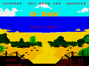 The D-Day arcade title screen displays red text reading "D-DAY" centered against a cyan sky with white clouds. Below sits a blue water band, followed by a yellow sandy beach with green trees and vegetation silhouettes. A black military bunker structure occupies the lower center. Score information and game text appear in red at the top and bottom edges. The sprite-based graphics use a limited pixel art palette typical of early-1980s arcade hardware.