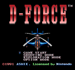 The D-Force title screen displays the red pixelated logo at the top against a black background. Below it, a blue and white helicopter sprite is centered on screen, viewed from above. Menu text options appear in white lettering below the aircraft: GAME START, SHOOTING MODE, ONE PLAYER MODE, TWO PLAYER MODE, and OPTION BOOK. Copyright information for Asmik and Nintendo licensing appears at the bottom in small text. The overall composition uses a simple dark background with minimal colors typical of early 1990s SNES presentation.