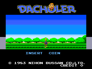 The title screen displays 'DACHELER' in large blue pixelated letters at the top. Below is a horizontal blue gradient bar, followed by a green grass-colored ground layer with a red dachshund sprite standing in the center-left area. The bottom of the screen shows gray instruction text reading 'INSERT COIN' in cyan, with white copyright text '© 1993 NIHON BUSSAN CO.,LTD.' indicating the developer and year. The overall image uses a limited 8-bit color palette typical of early 1980s arcade games.