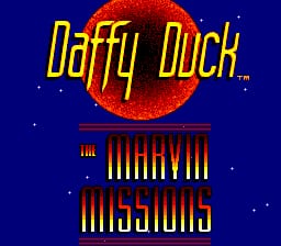 A title screen on a deep blue starfield background displays 'Daffy Duck' in large yellow pixelated letters at the top, positioned above a red circular sun graphic. Below it, 'The Marvin Missions' appears in yellow and red block letters. Small white dots scatter across the dark background, creating a space-themed aesthetic. The overall composition is vertically centered with classic 16-bit SNES-era pixel art styling.