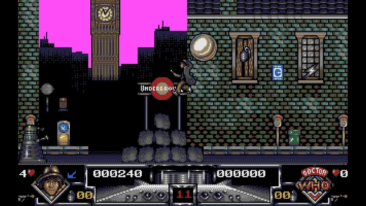 A pixel-art side-scrolling scene depicts a character standing on a platform in front of an underground subway station entrance marked by a red circular logo. Big Ben and London buildings silhouette against a bright magenta sky in the background. The foreground shows brick architecture with windows and doors; a large glowing moon hangs overhead. The HUD displays health at four, an ammo counter showing 00240, a score of 000000, and a Doctor Who logo with the number 9 in the lower right. Two lamp posts and various environmental details populate the scene rendered in 16-bit style graphics.