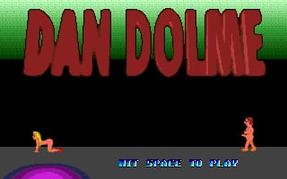 The title screen displays 'DAN DOLME' in large red pixelated letters at the top center against a black background. A purple curved shape sits at the bottom of the screen. On the left side, a small yellow dog sprite stands on the purple shape. On the right side, a small orange human sprite stands on gray ground. Blue text reading 'HI SCORE 0 IN PLAY' appears along the bottom in a monospace font typical of DOS-era games.
