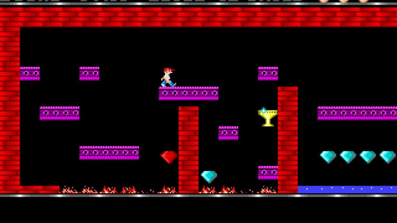A side-scrolling platformer level with a player character in red and white standing on a magenta platform in the upper-center area. The black background contains multiple magenta platforms at varying heights, red brick walls and columns, cyan heart icons scattered throughout, a yellow trophy icon, and red spike obstacles at the bottom. A red brick border frames the entire play area, with a red textured brick pattern forming the outer frame and a blue platform visible at the bottom-right corner.